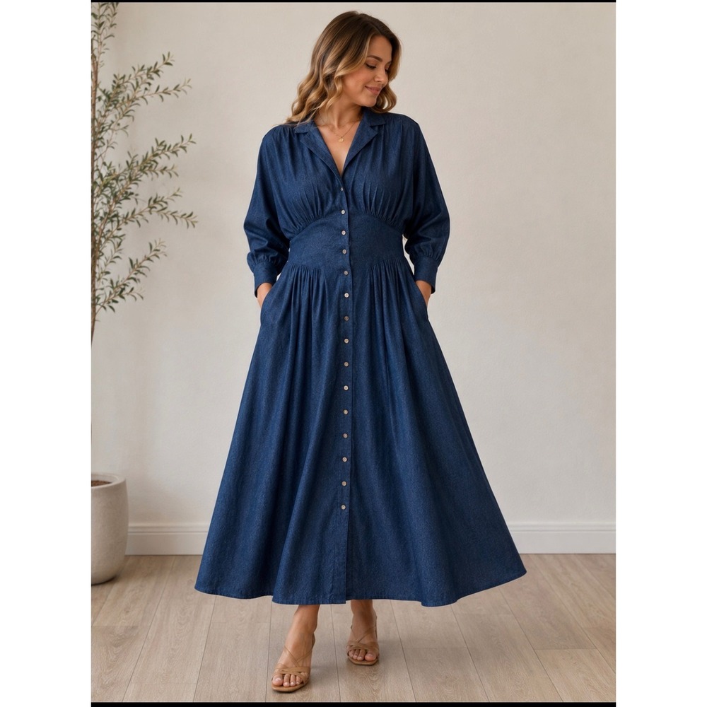 Vintage Jessie Rae Denim Maxi Dress Blue Cotton Button Down Cinched Waist 11/12